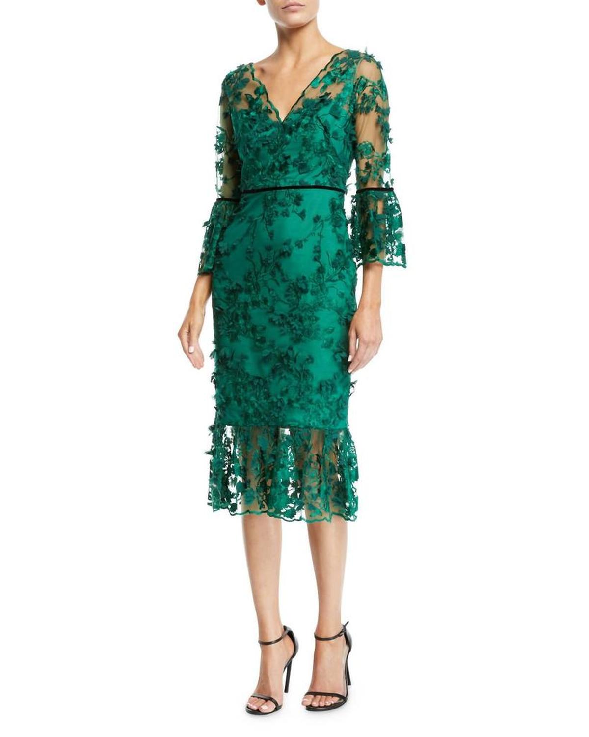 Embroidered Tea Length Fit Flare Flower Dress In Green