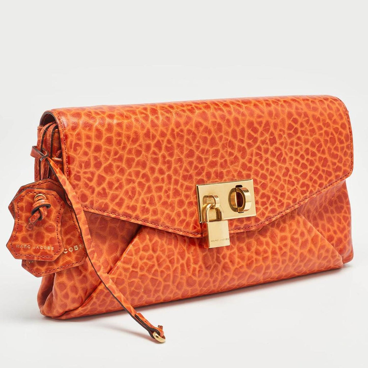 Marc Jacobs Orange Textured Leather Lock Flap Clutch