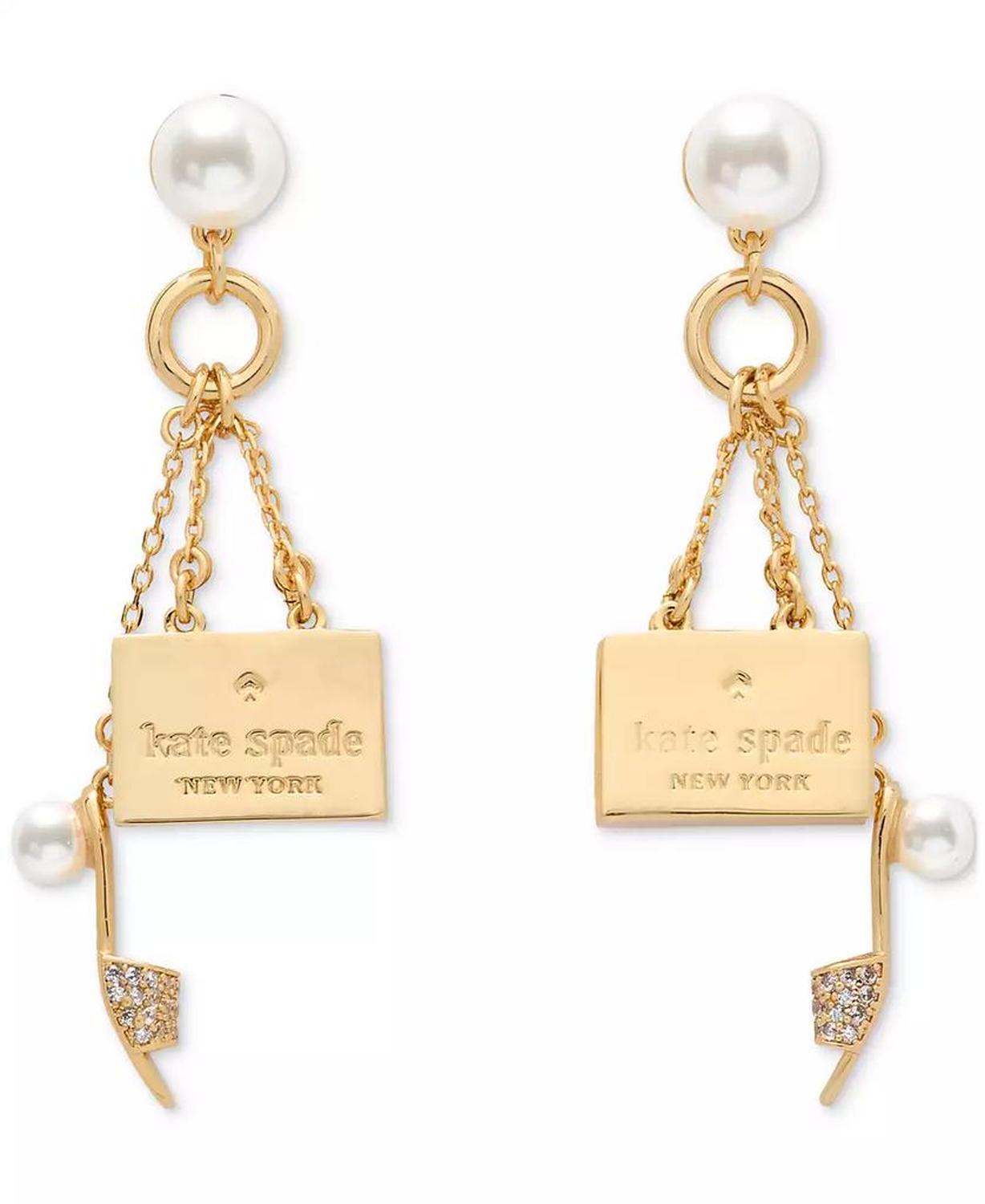 Gold-Tone Imitation Pearl, Logo & Shoe Charm Drop Earrings