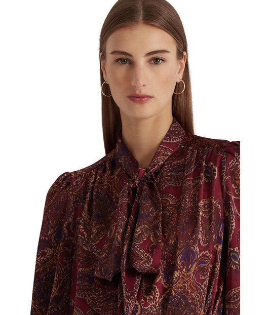 Paisley Satin Charmeuse Tie-Neck Blouse