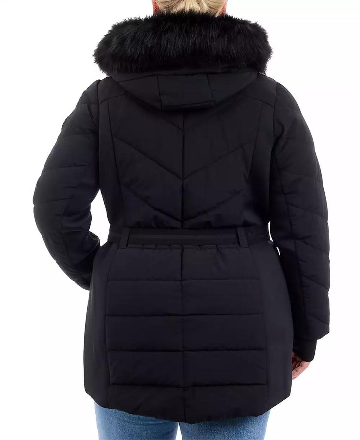 Plus Size Belted Faux-Fur-Trim Hooded Puffer Coat