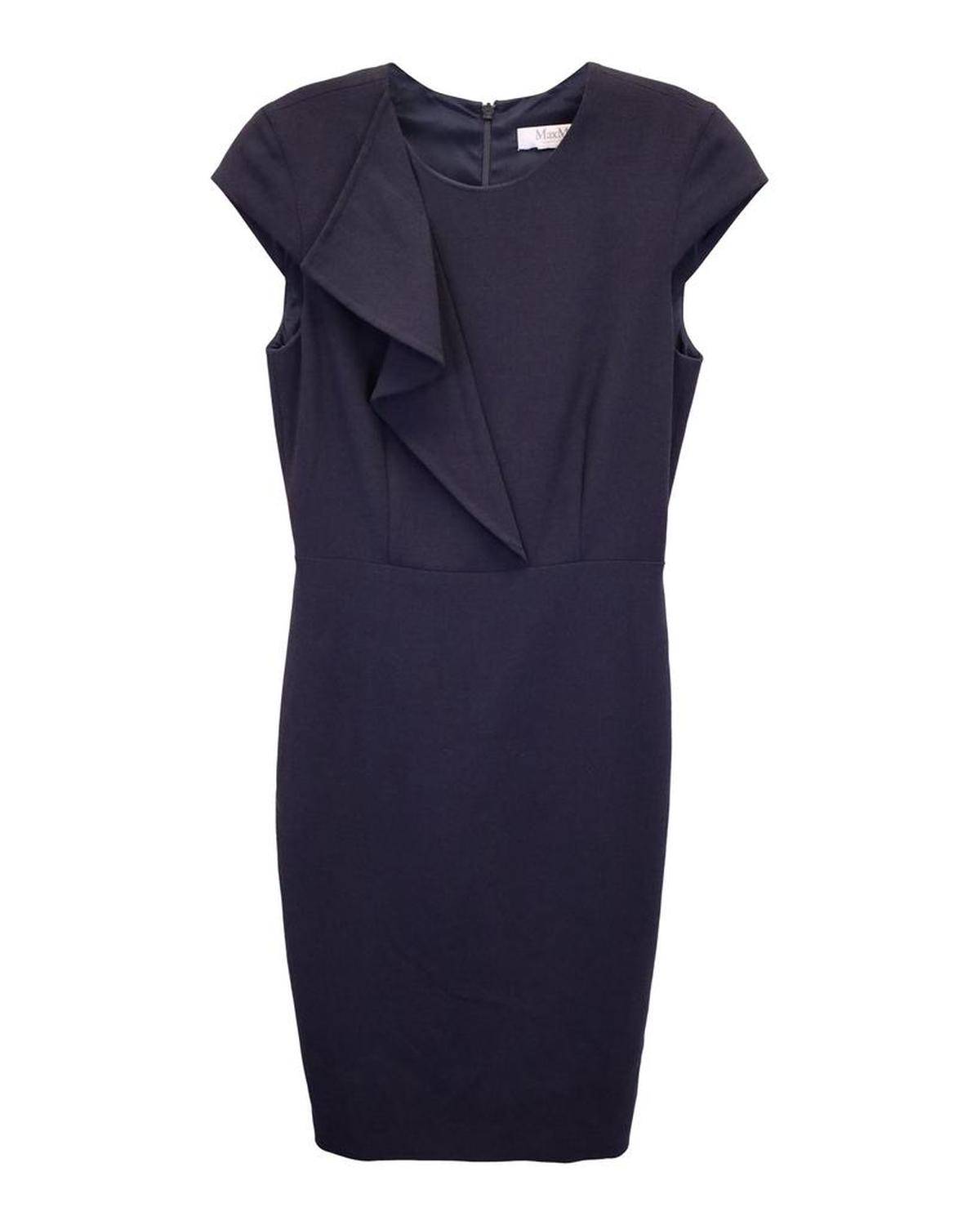 Max Mara Drape-Detail Sheath Dress in Navy Blue Wool