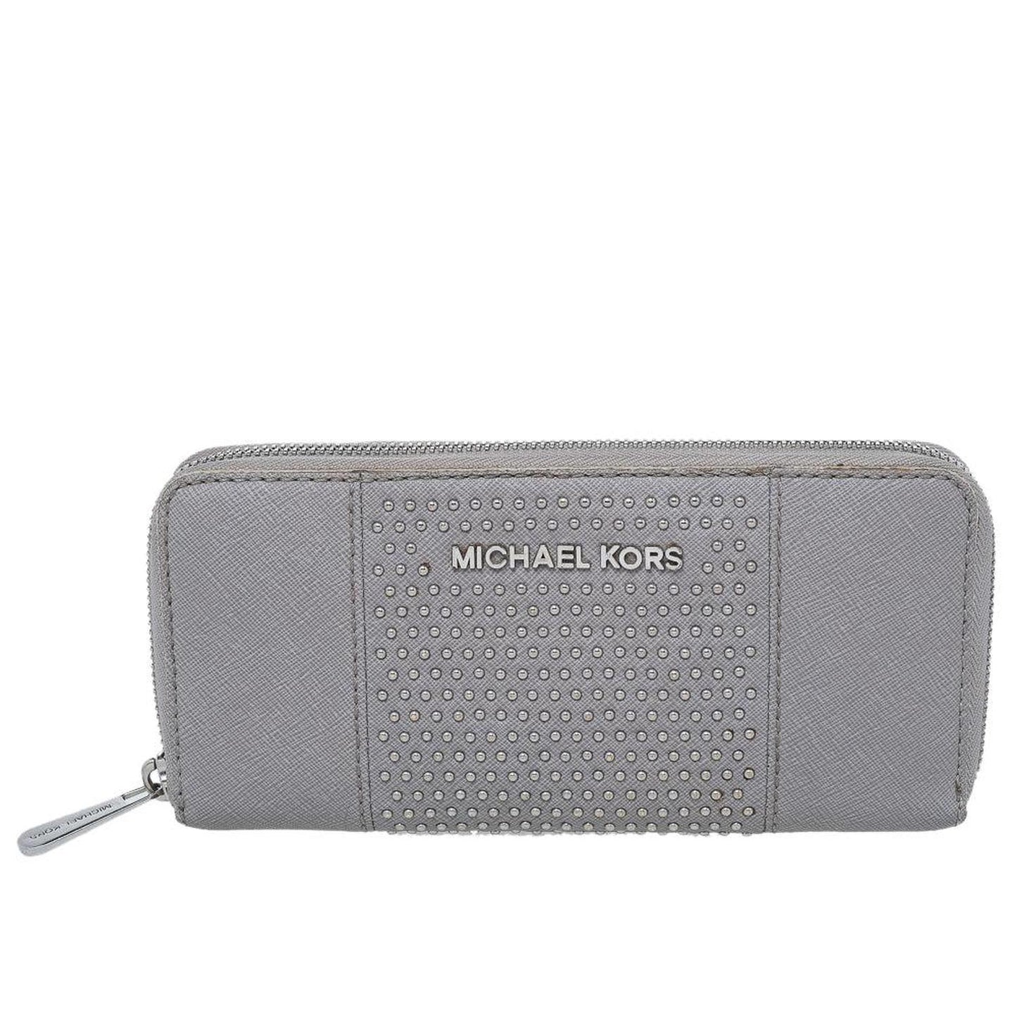 Michael Kors Grey Saffiano Leather Micro Stud Travel Zip Around Wallet..