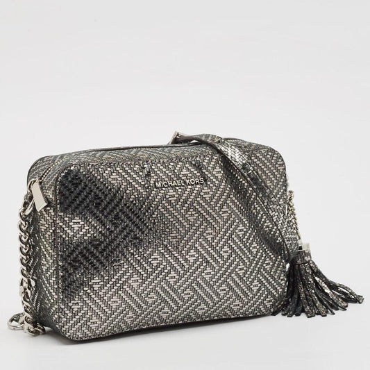 Metallic Grey Textured Suede Ginny Camera Crossbody Bag