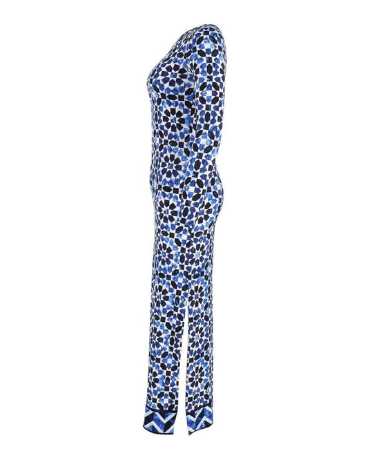 Michael Kors Printed Stretch Maxi Dress with Slit in Blue Polyester