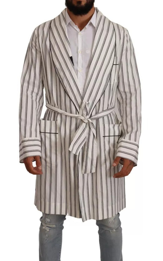 Dolce & Gabbana White Striped Cotton Robe Coat Wrap Jacket