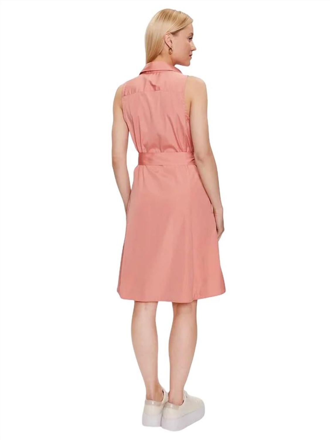 Sleeveless Belted Cotton Dress In Peach Pink