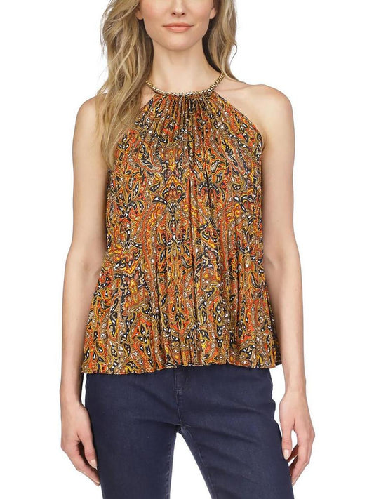 Petites Womens Paisley Pleated Pullover Top