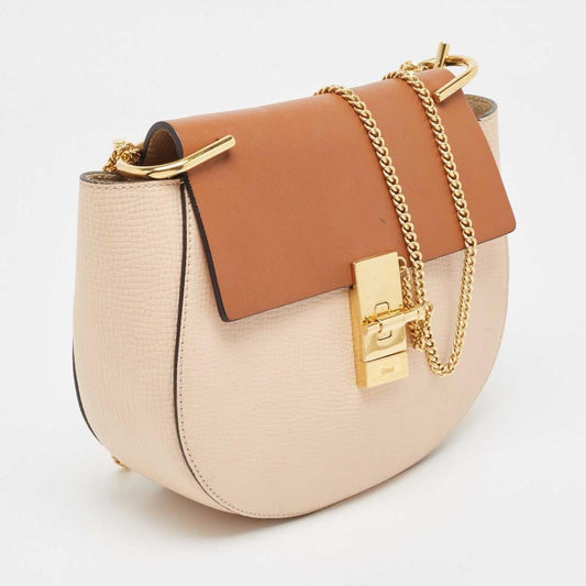 Chloe Peach/brown Pebbled Leather Medium Drew Shoulder Bag