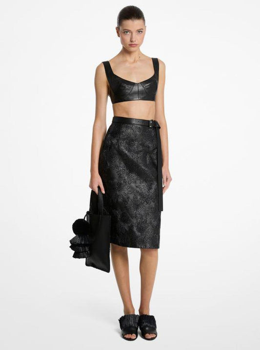 Hand-Embroidered Floral Plongé Leather Skirt