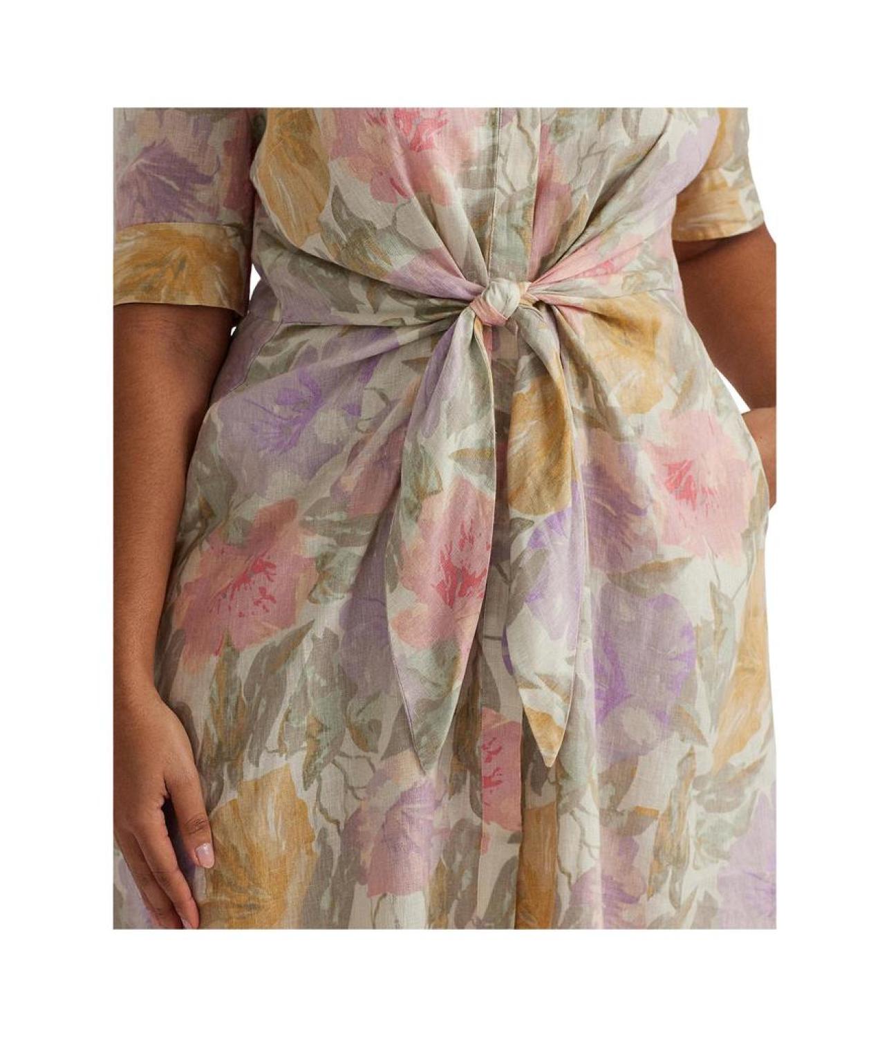 Plus-Size Floral Tie-Front Linen Shirtdress