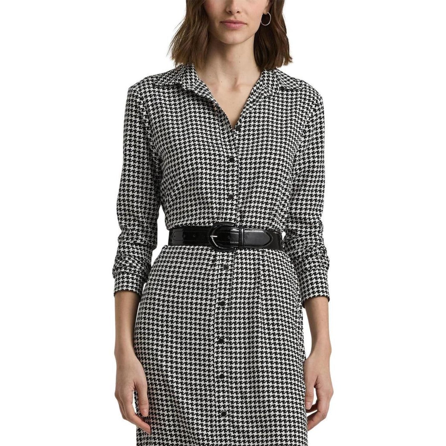 Houndstooth Belted Crepe Shirtdress