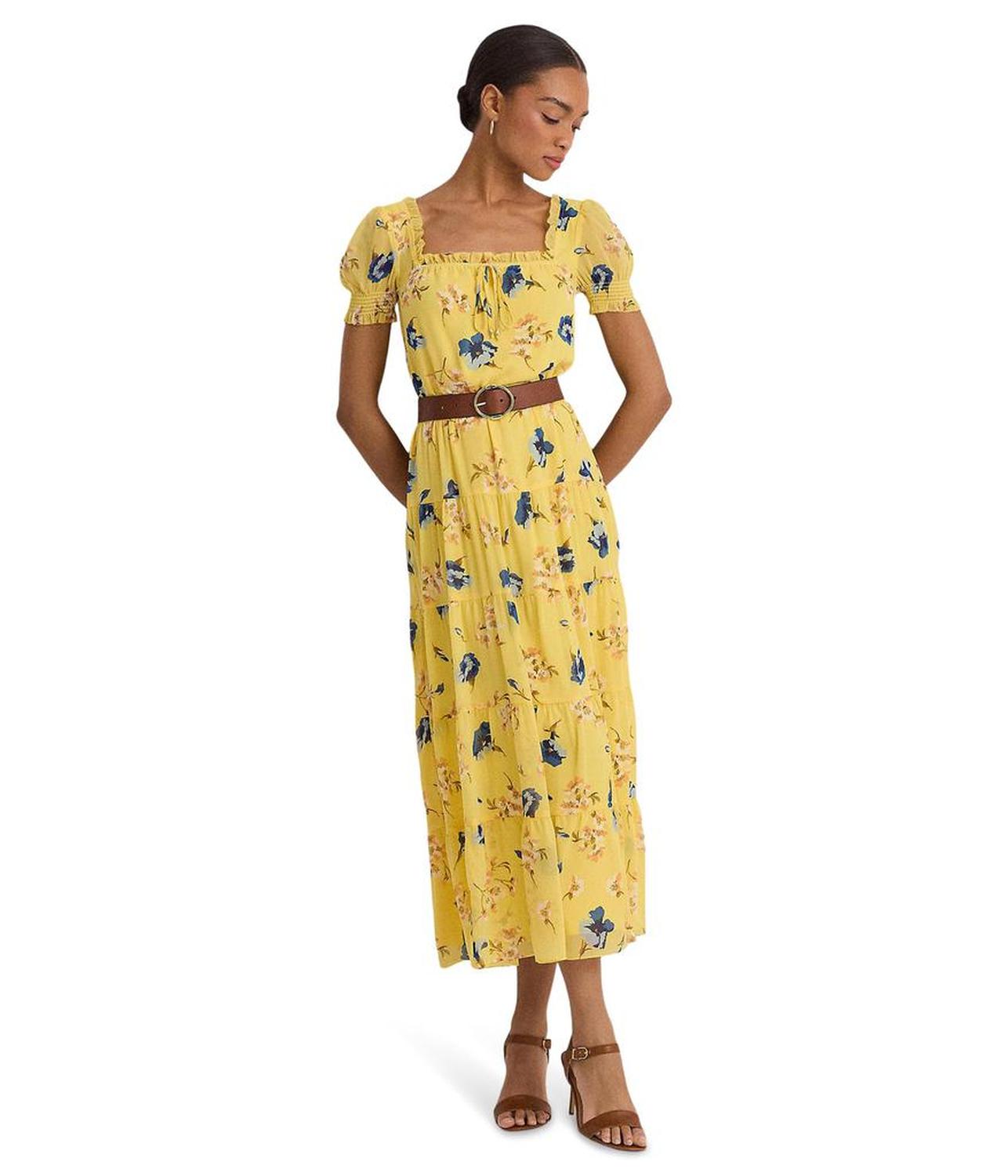 Floral Georgette Puff-Sleeve Midi Dress