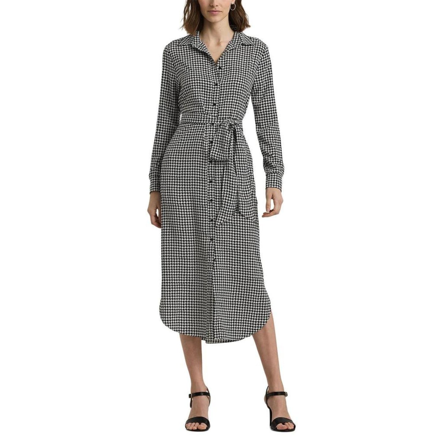 Houndstooth Belted Crepe Shirtdress