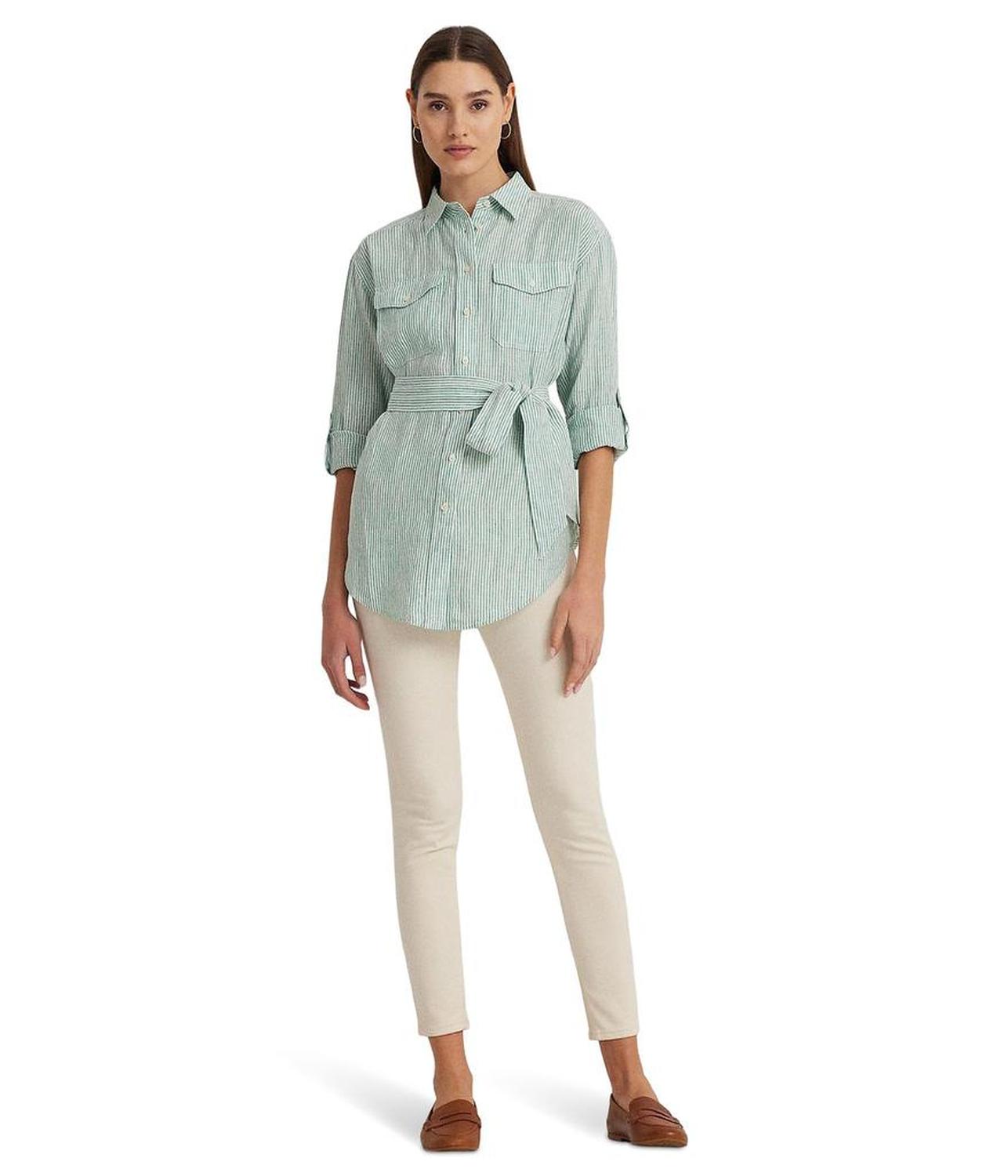 Relaxed Fit Striped Belted Linen Shirt