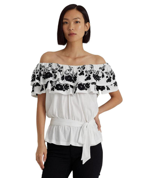 Embroidered Jersey Off-the-Shoulder Top