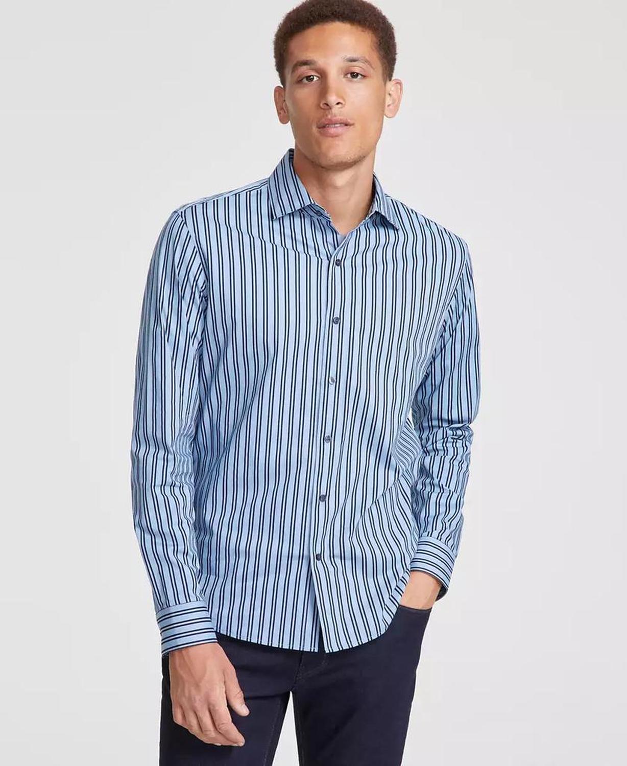 Men's Slim-Fit Stretch Halo Stripe Long-Sleeve Button-Down Shirt