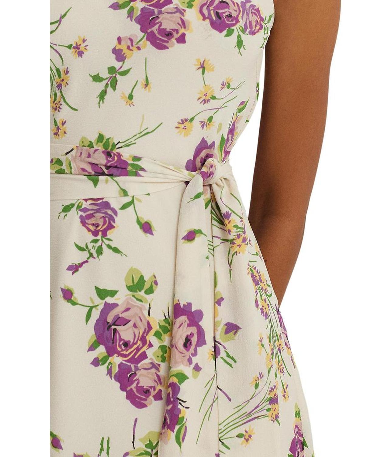 Floral Belted Crepe Sleeveless Dress