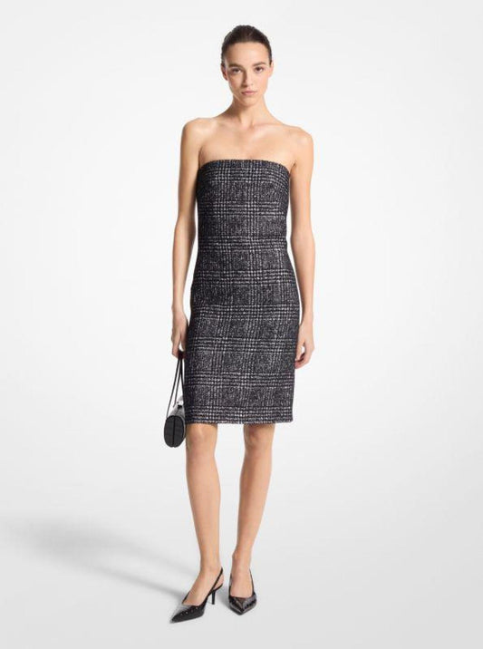 Glen Plaid Wool Blend Tweed Strapless Dress