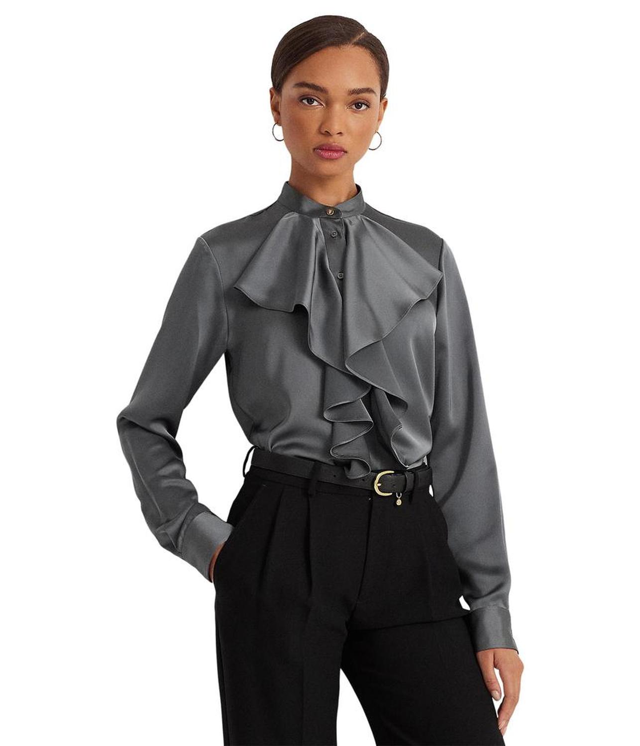 Ruffle-Trim Satin Charmeuse Shirt