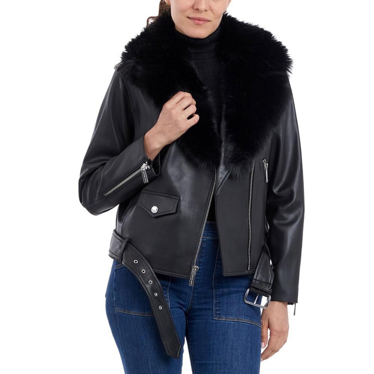 Petite Faux-Fur-Collar Leather Moto Coat