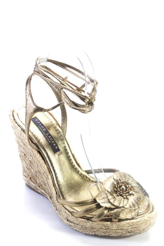 Ralph Lauren Collection Womens Metallic Leather Flower Wedge Sandals Gold