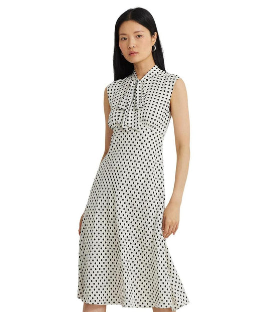 Polka-Dot Georgette Tie-Neck Dress