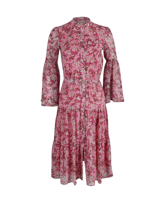 Michael Kors Tiered Floral-Print Chiffon Midi Dress in Pink Polyester