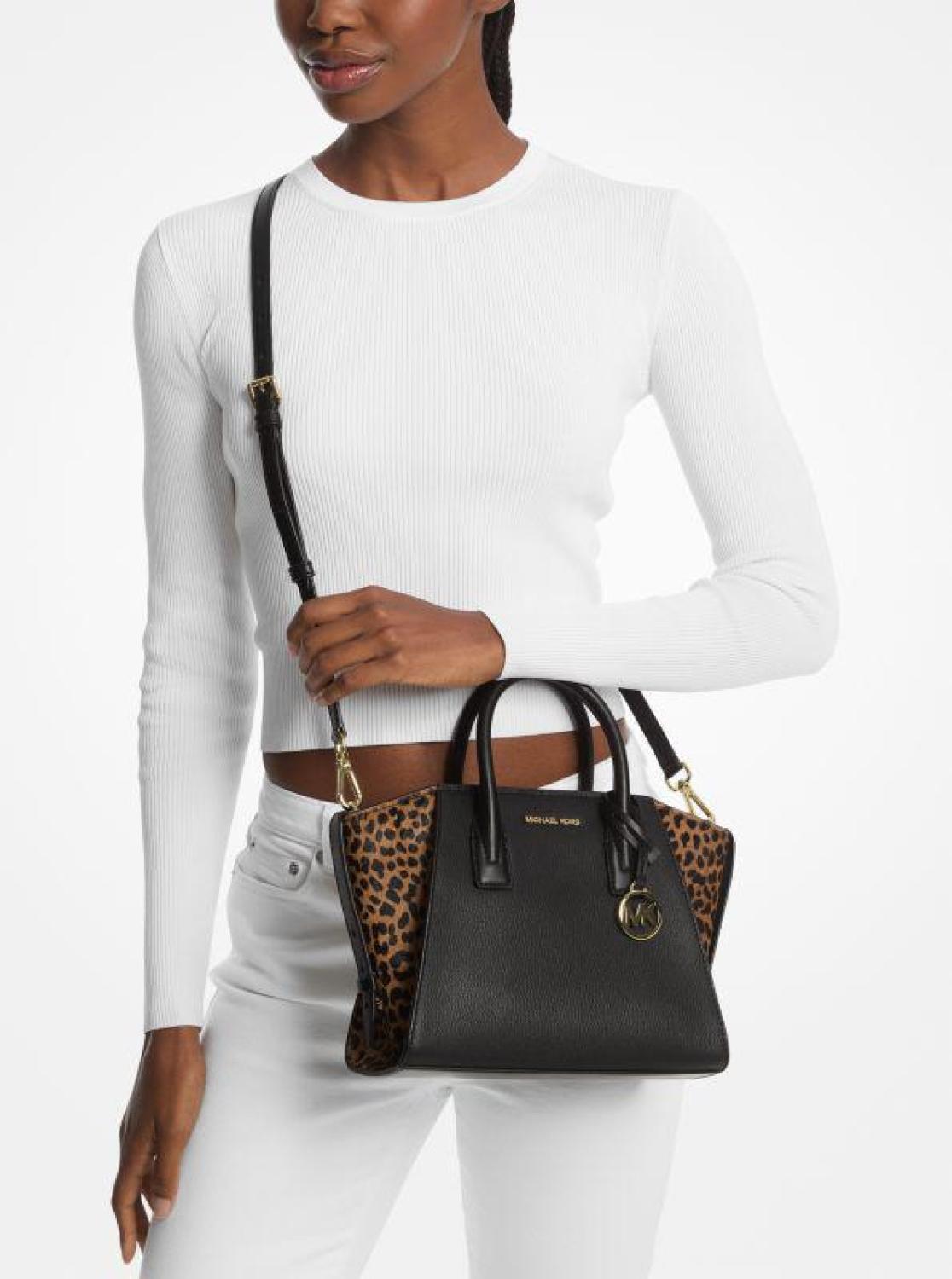 Avril Small Leather and Cheetah Print Calf Hair Satchel