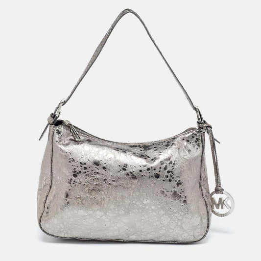 Michael Kors Metallic Grey Textured Patent And Leather Logo Charm Shoulder Bag