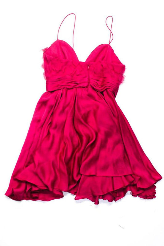 Marchesa Womens Silk Ruffled Texture Back Zipped Bow Tied Mini Dress Pink