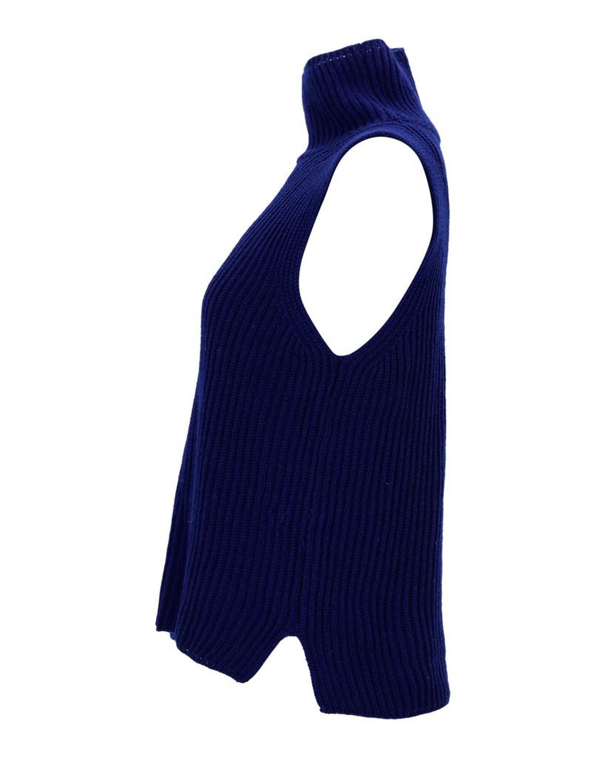 Weekend Ribbed Sleeveless Turtleneck Top in Navy Blue Wool