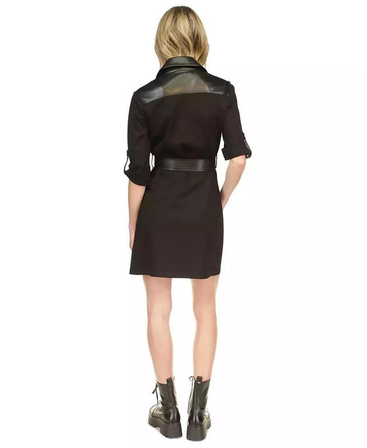 MICHAEL Women's Belted Faux-Leather Trim Mini Trench Dress