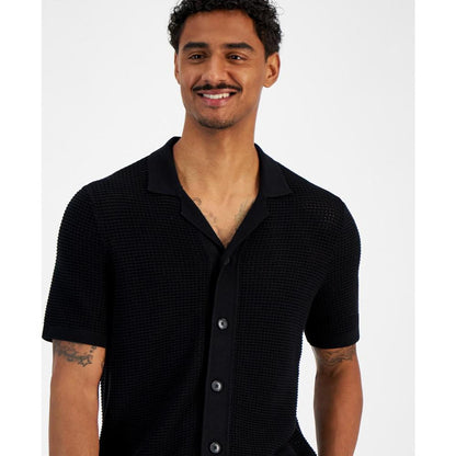 Men's Short Sleeve Button-Front Open Stitch Shirt