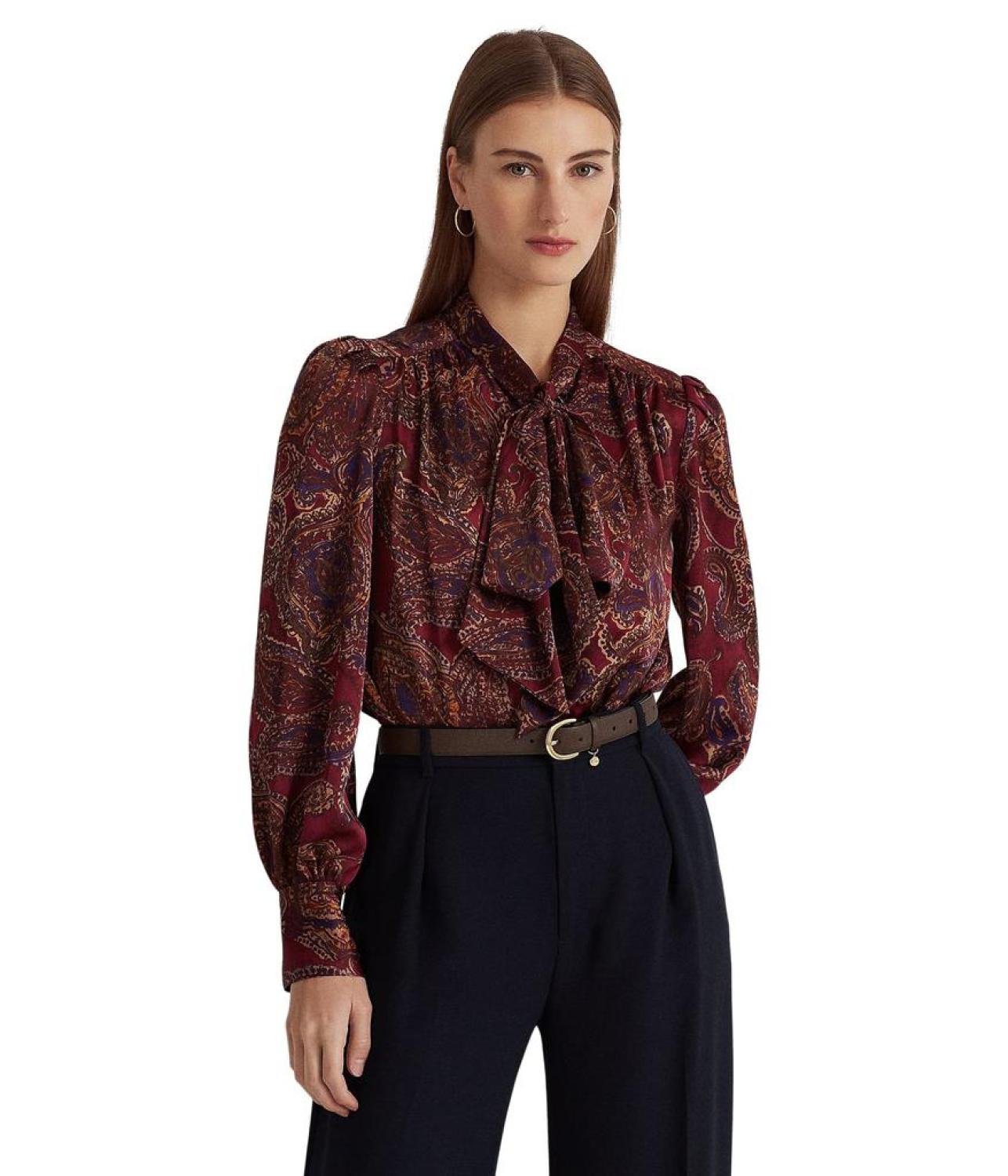 Paisley Satin Charmeuse Tie-Neck Blouse