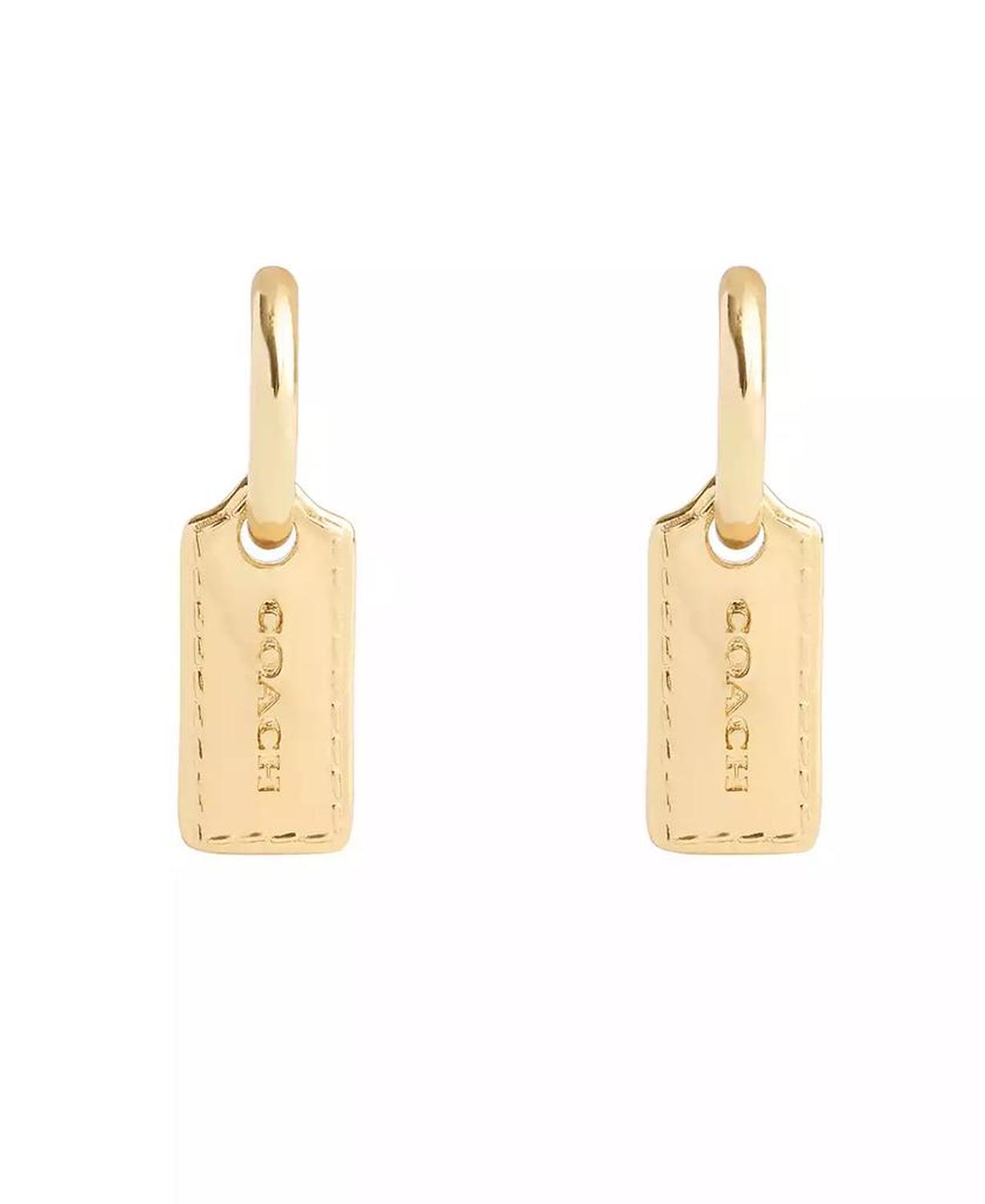 Gold-Tone Signature Stitched Hangtag Charm Huggies Earrings