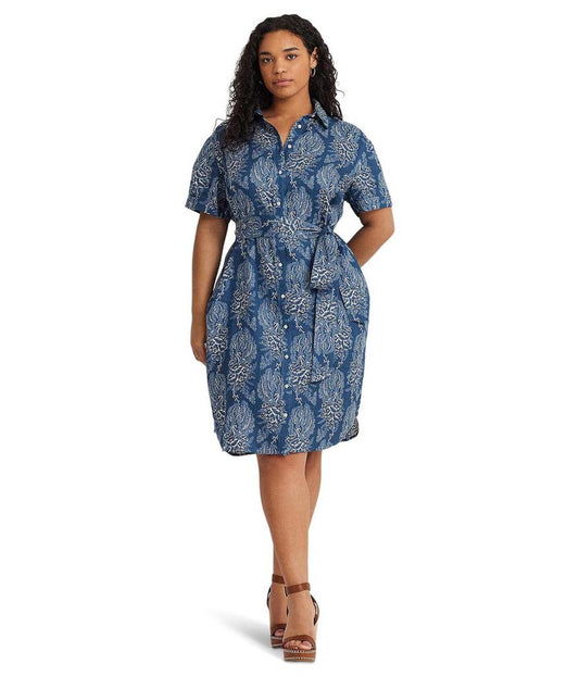 Plus-Size Floral Belted Linen Shirtdress