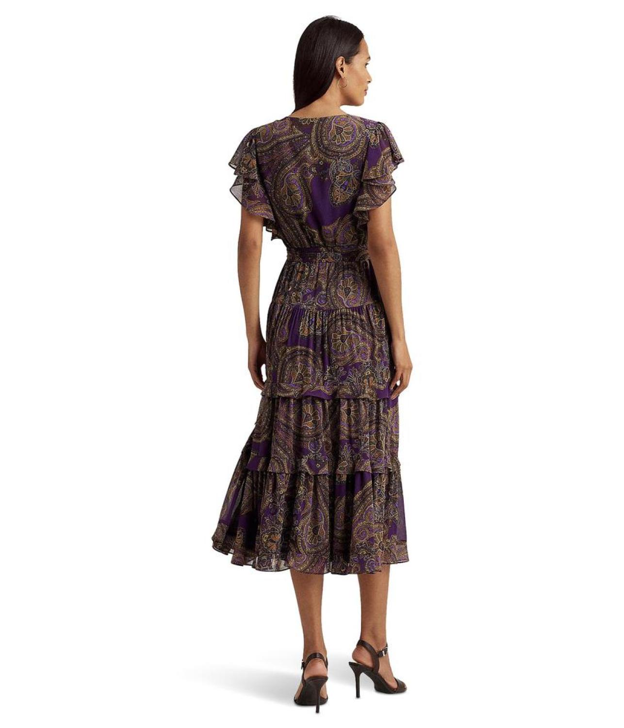 Paisley Belted Georgette Tiered Dress