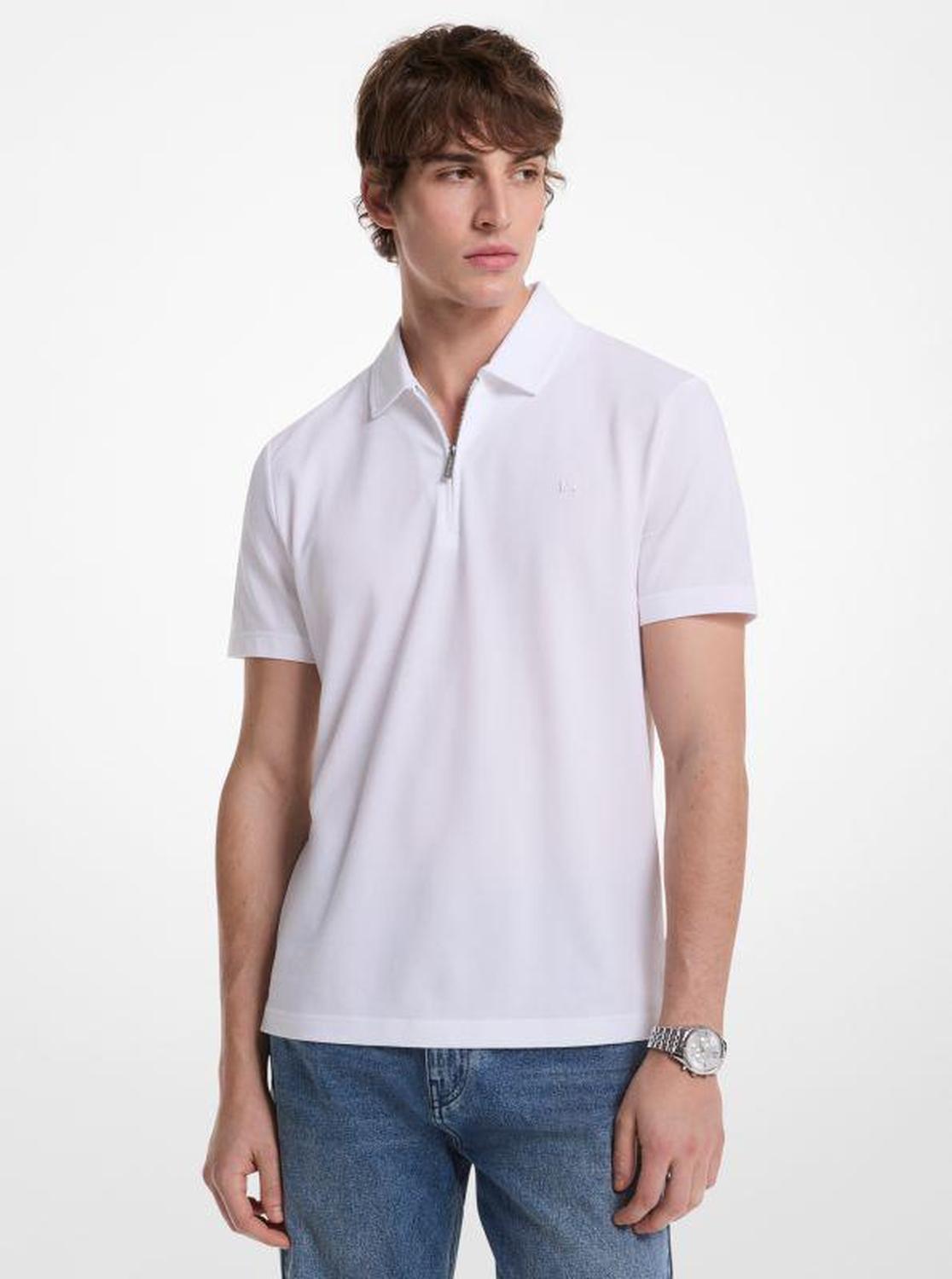 Cotton Blend Piqué Zip-Up Polo Shirt