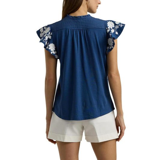 Floral-Embroidered Jersey Tie-Neck Top