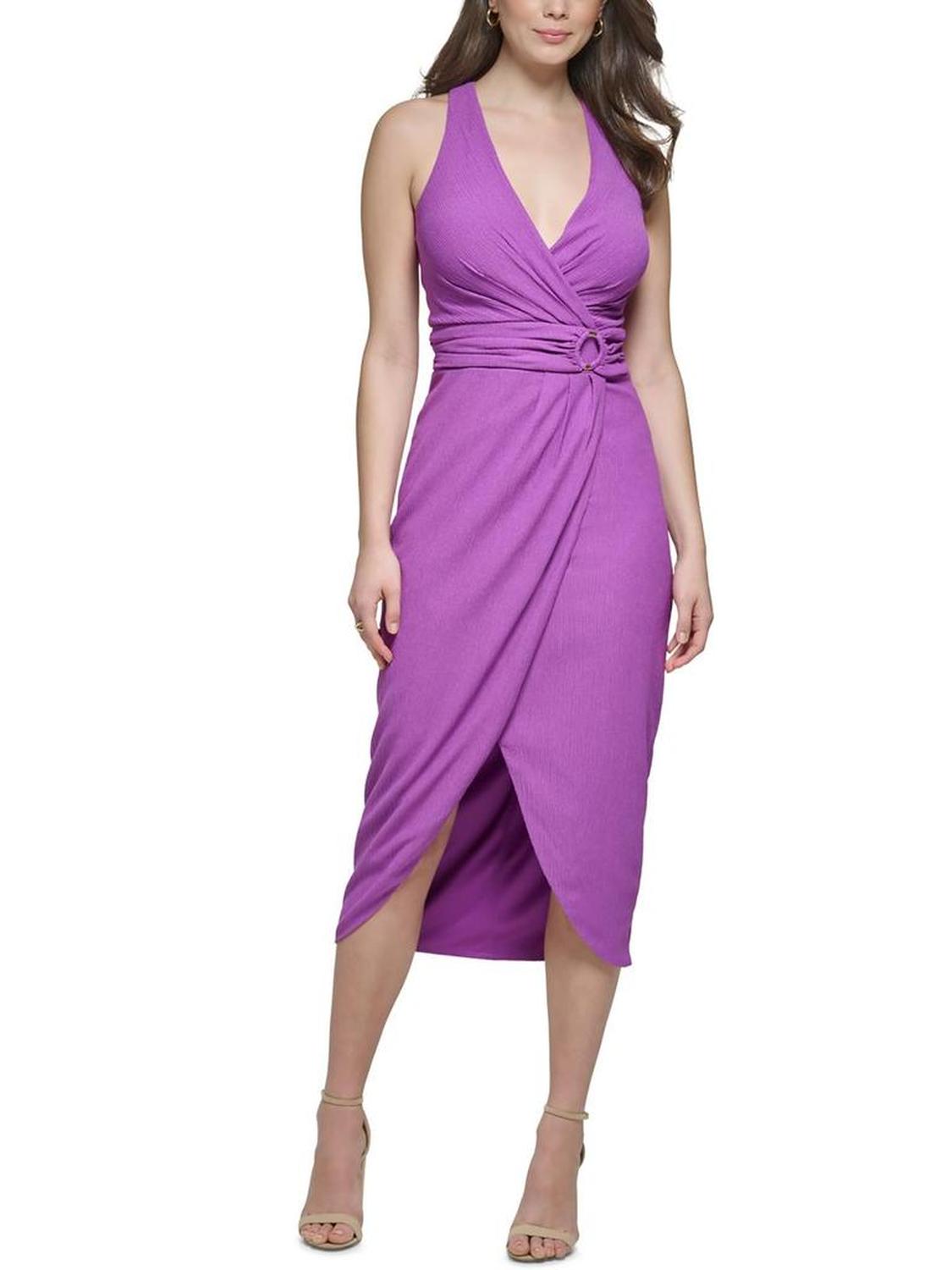 Womens Plunging Mid-Calf Midi Dress