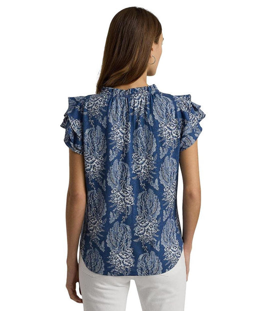 Floral Linen-Blend Jersey Tie-Neck Top