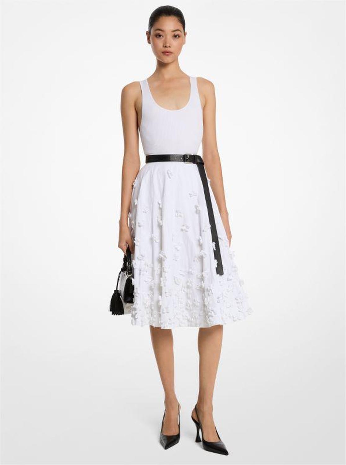 Hand-Embroidered Floral Crushed Cotton Gabardine Circle Skirt