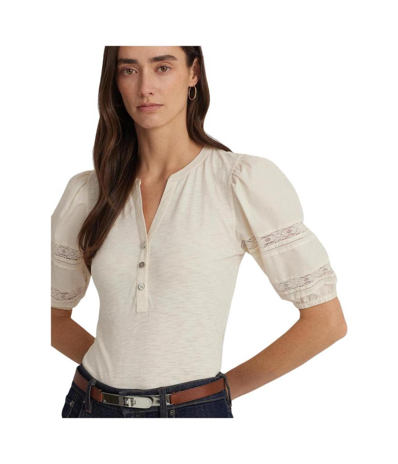 Lace-Trim Jersey Puff-Sleeve Henley Tee