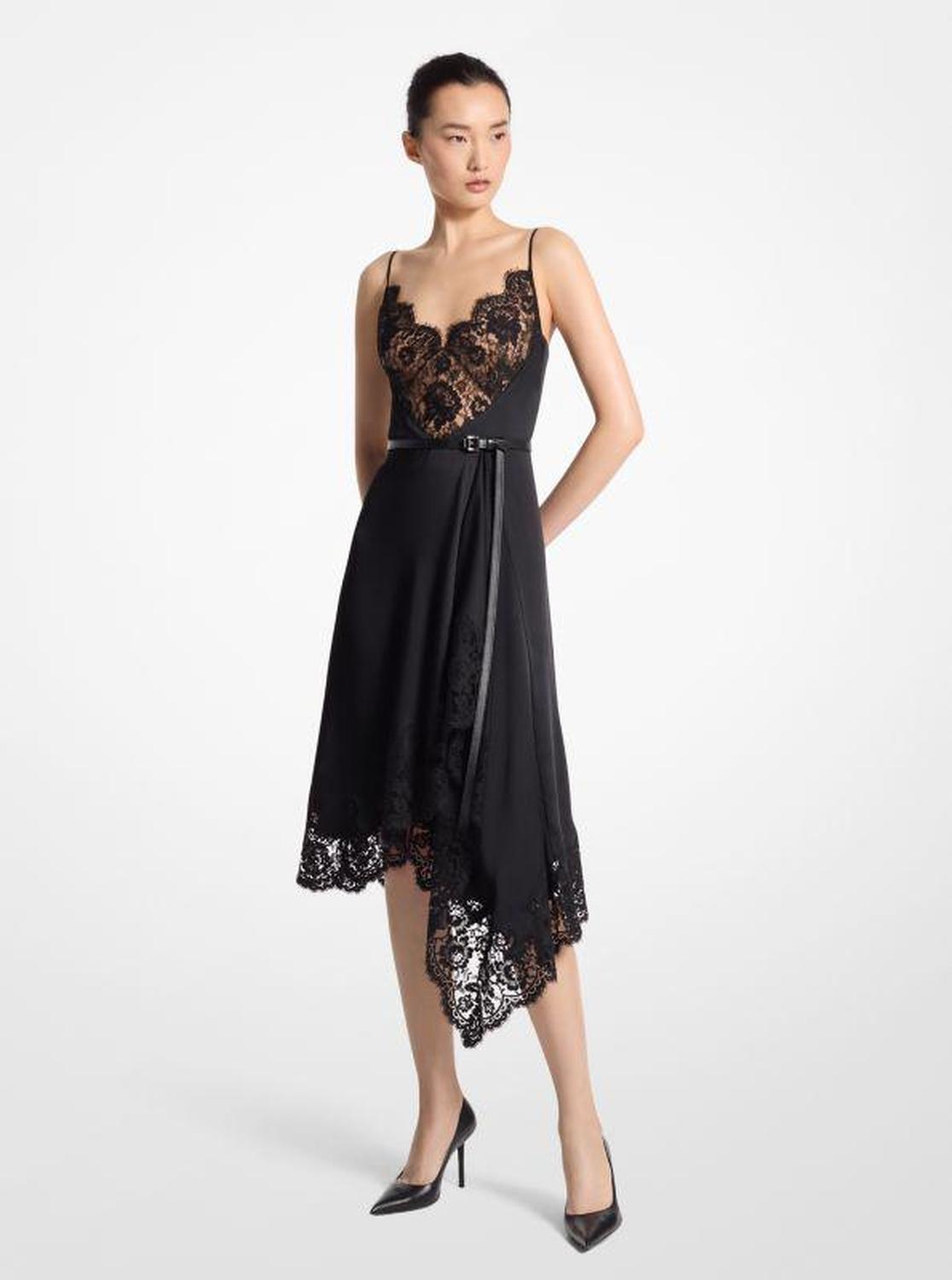 Lace Trim Satin Charmeuse Asymmetric Slip Dress