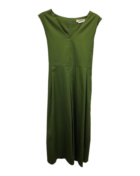 Max Mara V-neck Flared Midi Dress in Green Cotton