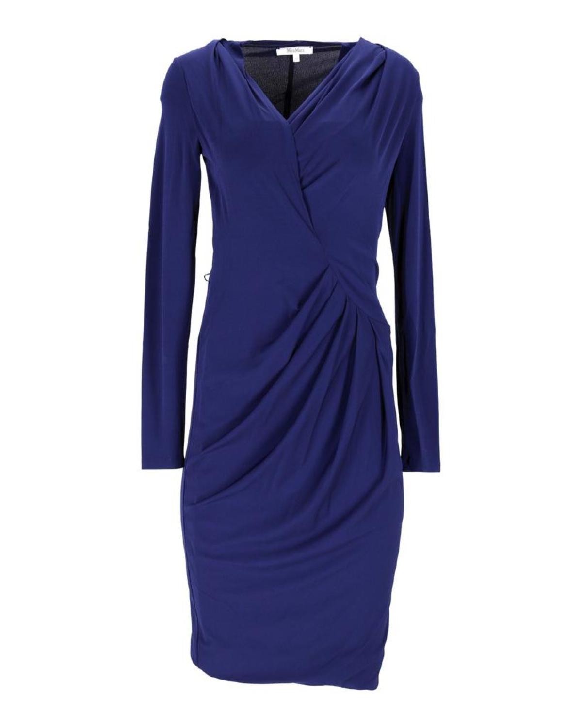 Max Mara Draped Long Sleeve Dress in Blue Silk