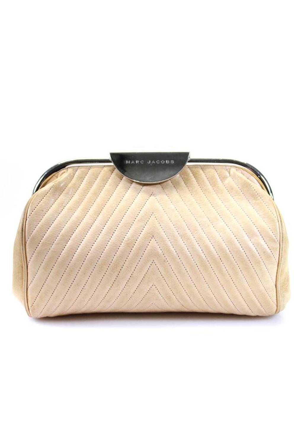 Marc Jacobs Womens Small Quilted Chevron Hinged Clutch Handbag Beige Leather