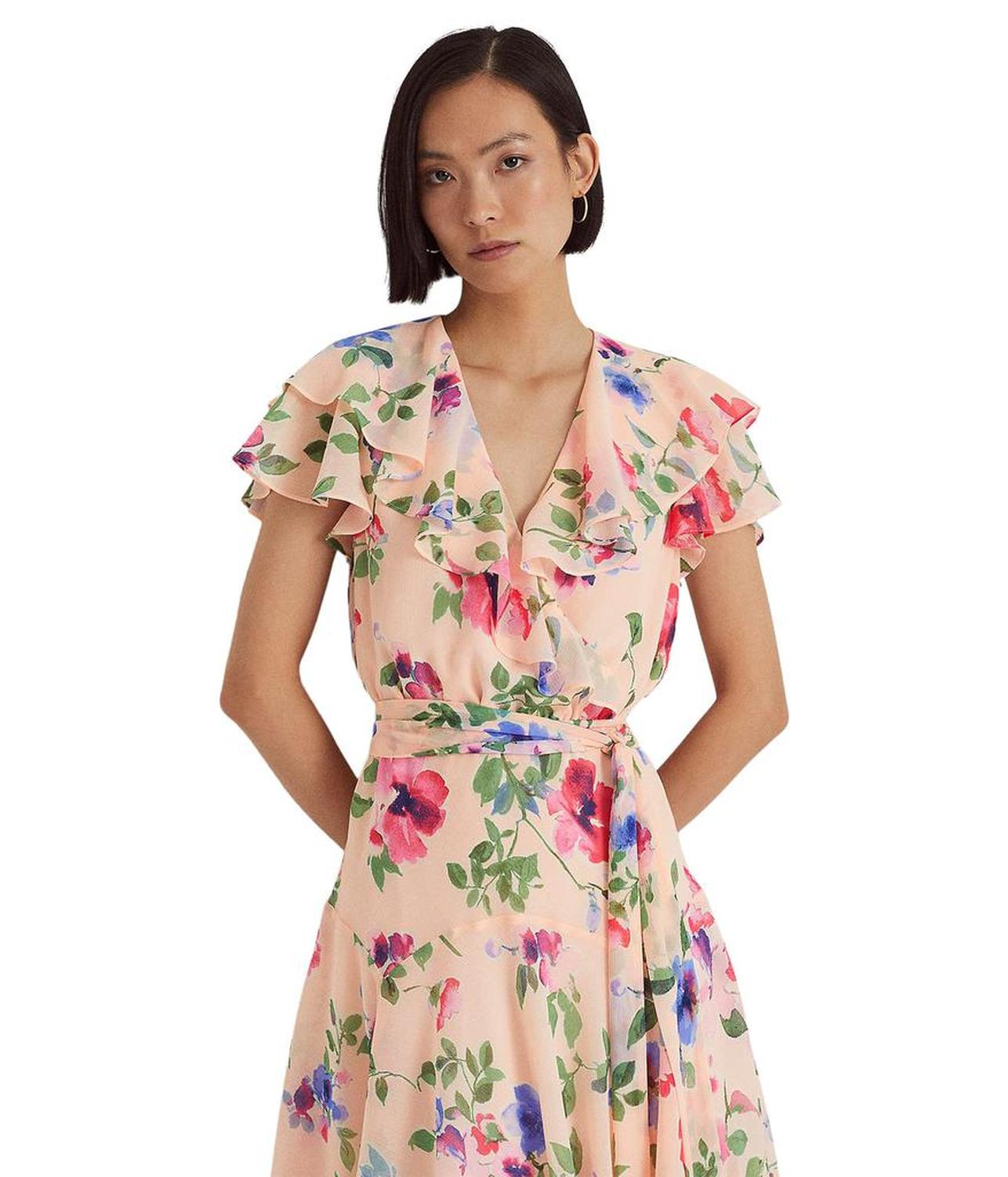 Petite Floral Belted Crinkle Georgette Dress