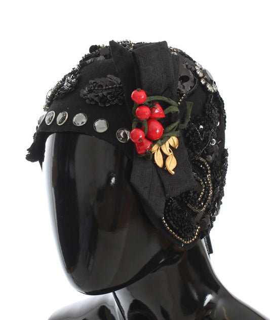 Dolce & Gabbana Elegant Black Crystal-Adorned Cloche Hat